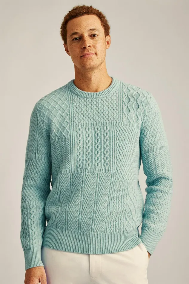 Men Crew and VNeck Sweaters Bonobos Wool Cable Crew Neck Sweater Light Blue
