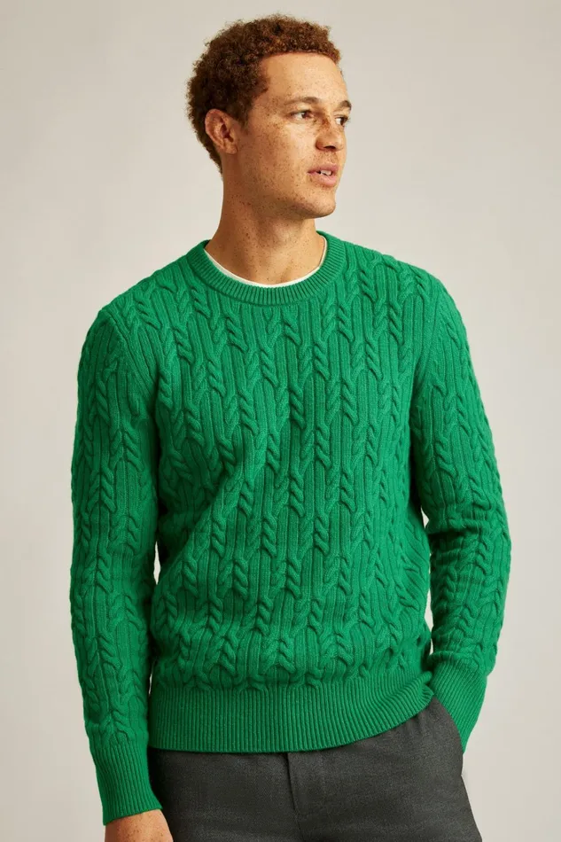 Men Crew and VNeck Sweaters Bonobos Wool Cable Crew Neck Sweater Sea Green