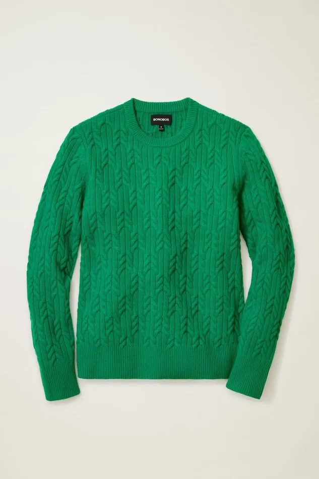 Men Crew and VNeck Sweaters Bonobos Wool Cable Crew Neck Sweater Sea Green