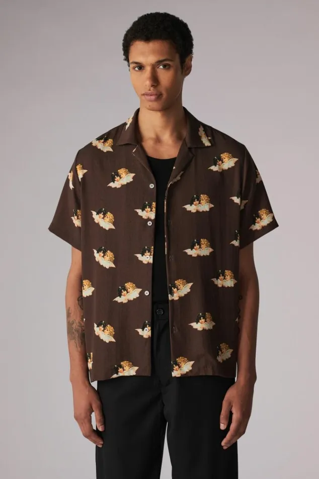 Men Fiorucci All Over Angels Bowling Shirt Brown Brown Men Fiorucci All Over Angels Bowling Shirt Brown Brown