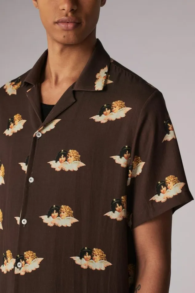 Men Fiorucci All Over Angels Bowling Shirt Brown Brown Men Fiorucci All Over Angels Bowling Shirt Brown Brown