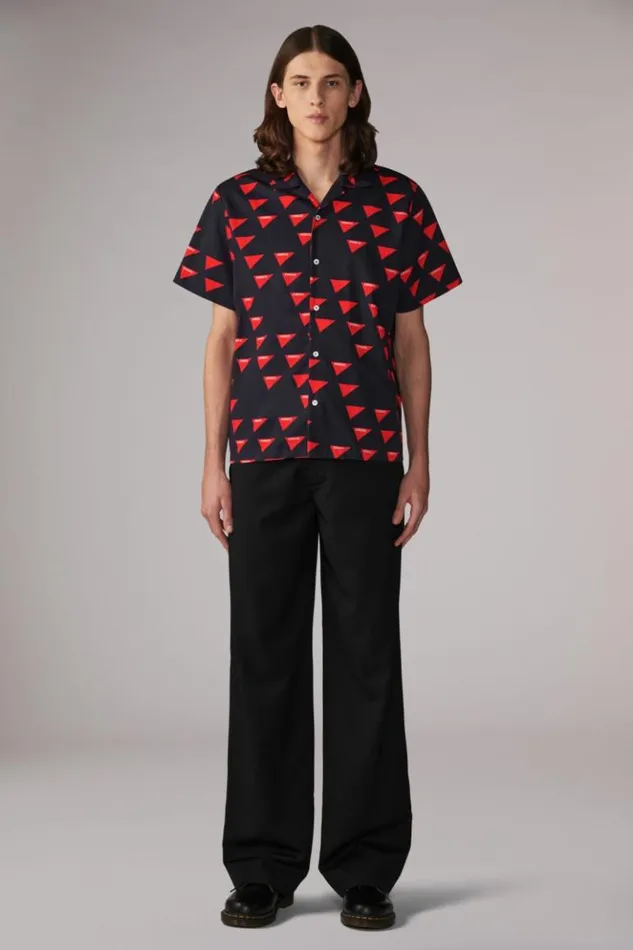 Men Fiorucci Logo Flag Bowling Shirt Navy Navy