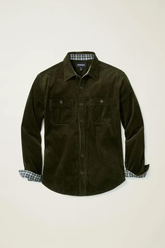 Men Flannels and Shirt Jackets Bonobos Corduroy Overshirt Tuscan Olive