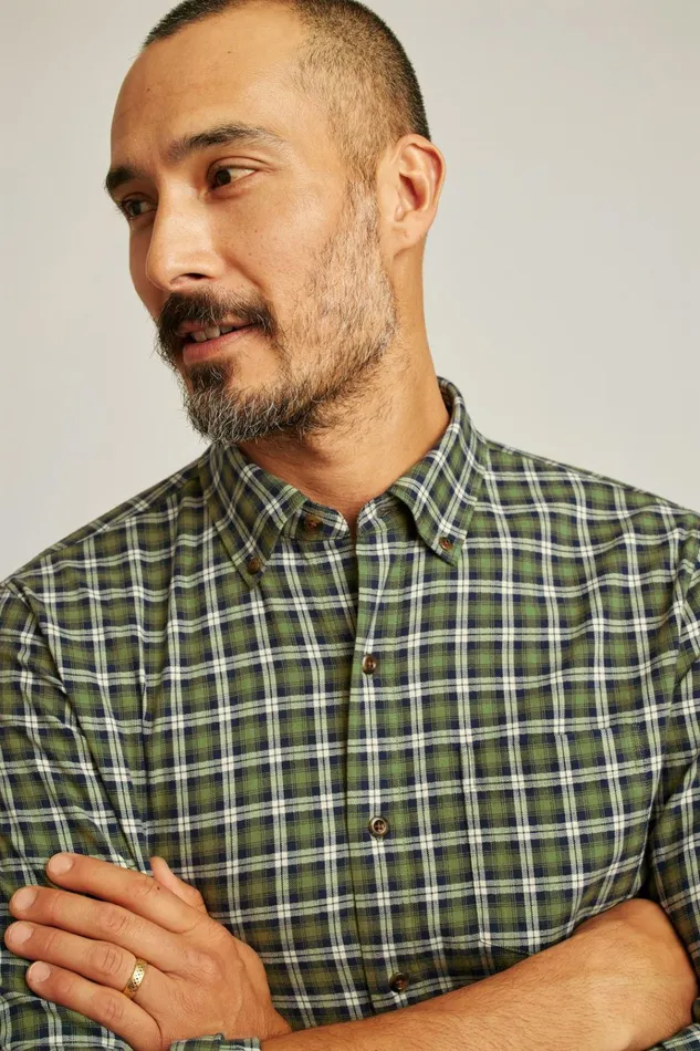 Men Flannels and Shirt Jackets Bonobos Everyday Lightweight Flannel Shirt Forest Green Navy Plaid