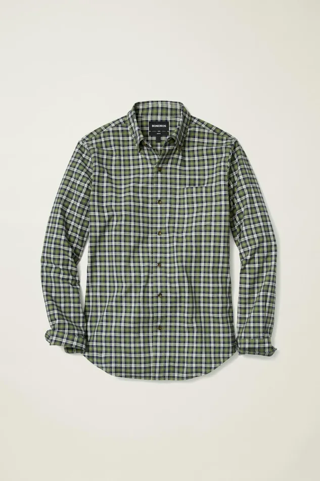 Men Flannels and Shirt Jackets Bonobos Everyday Lightweight Flannel Shirt Forest Green Navy Plaid