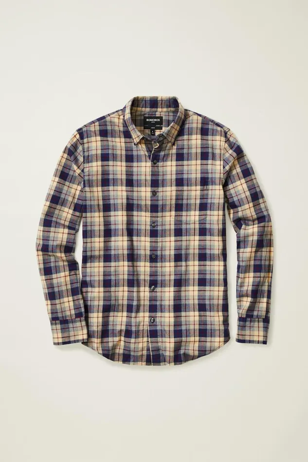 Men Flannels and Shirt Jackets Bonobos Everyday Lightweight Flannel Shirt Gray Navy Plaid