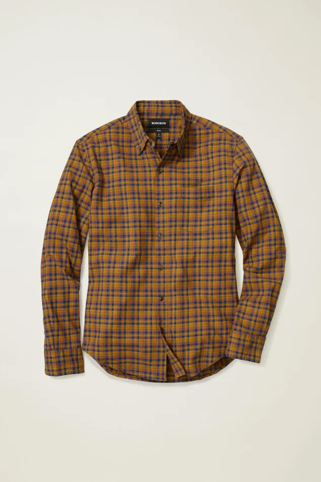 Men Flannels and Shirt Jackets Bonobos Everyday Lightweight Flannel Shirt Navy Rust Plaid
