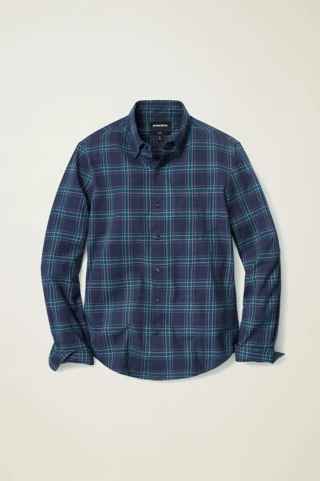Men Flannels and Shirt Jackets Bonobos Everyday Lightweight Flannel Shirt Navy Tadley Plaid