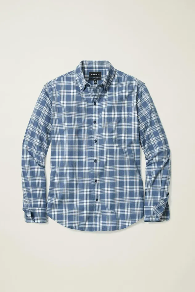 Men Flannels and Shirt Jackets Bonobos Everyday Lightweight Flannel Shirt Navy White Plaid