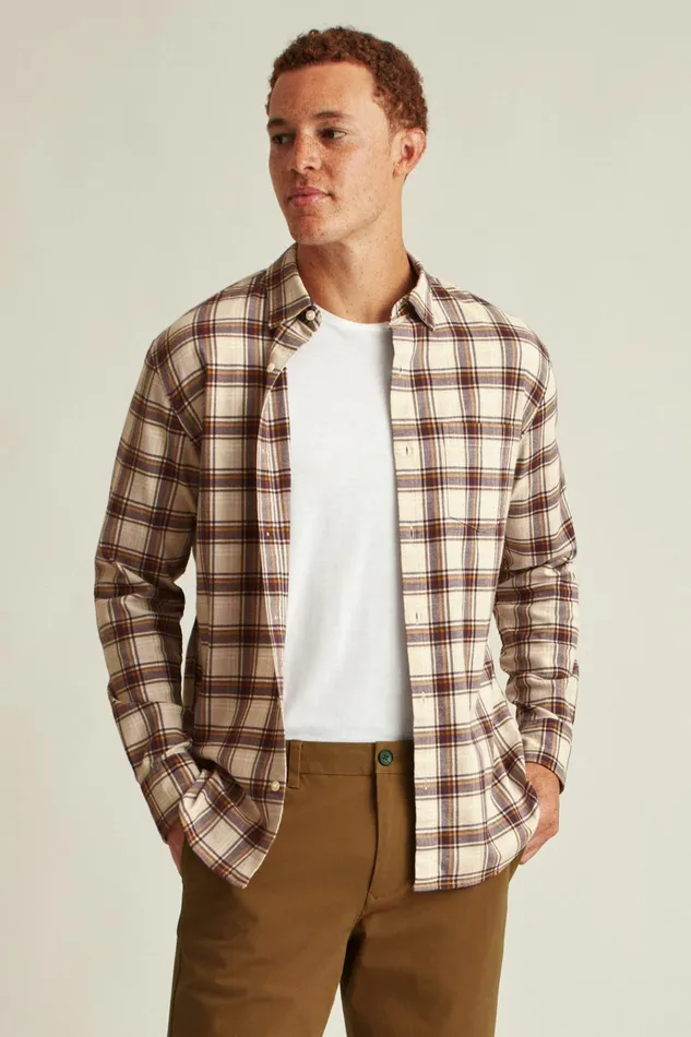 Men Flannels and Shirt Jackets Bonobos Everyday Lightweight Flannel Shirt Oat Milk Plaid