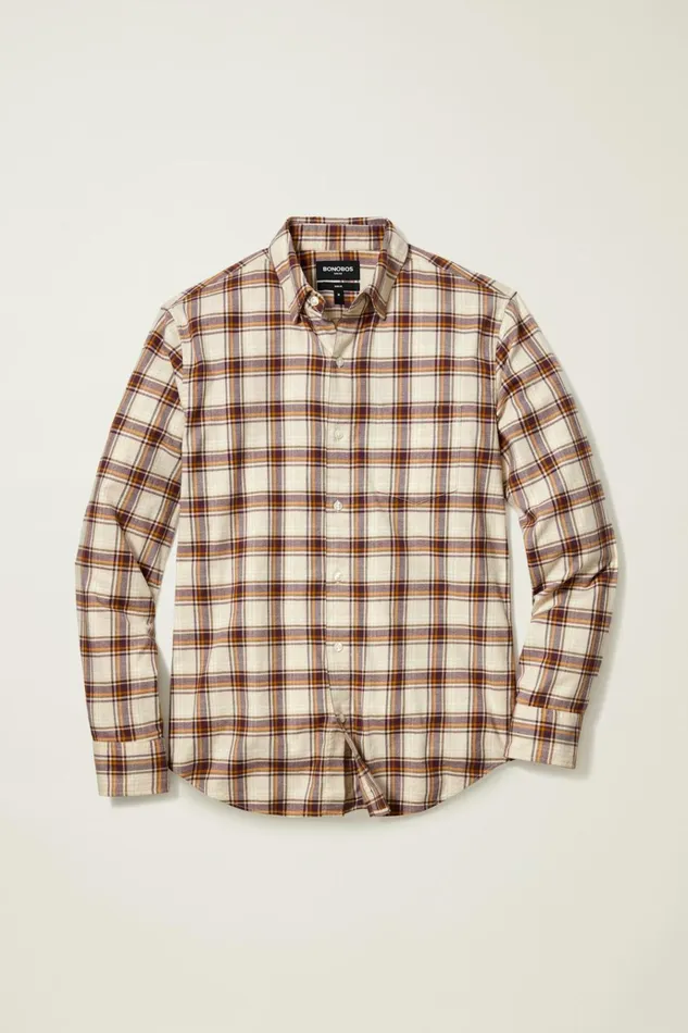 Men Flannels and Shirt Jackets Bonobos Everyday Lightweight Flannel Shirt Oat Milk Plaid