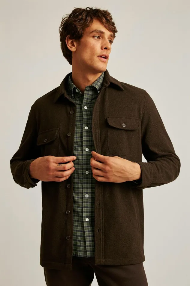 Men Flannels and Shirt Jackets Bonobos Fireside Flannel Overshirt Chocolate Herringbone