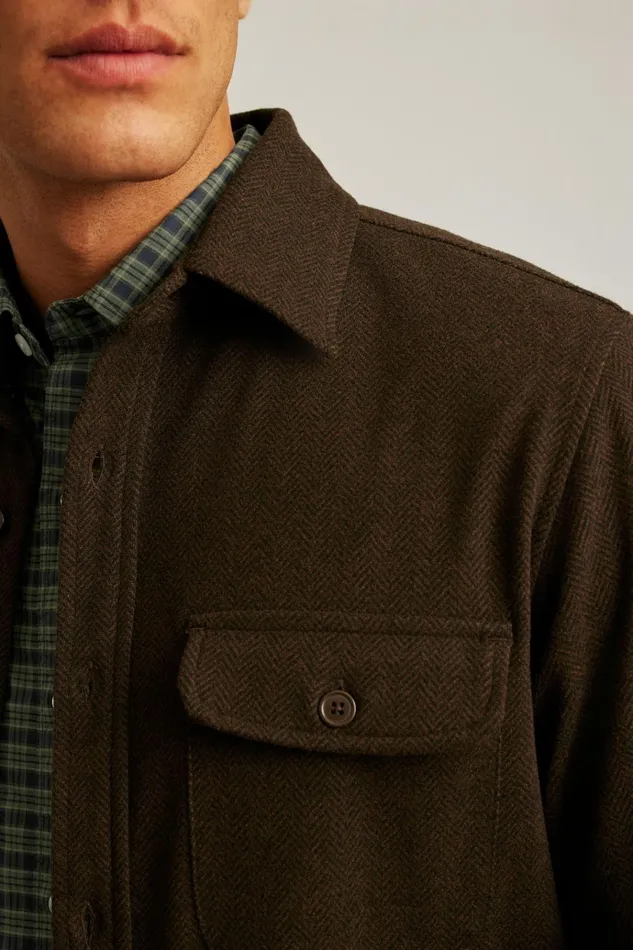 Men Flannels and Shirt Jackets Bonobos Fireside Flannel Overshirt Chocolate Herringbone