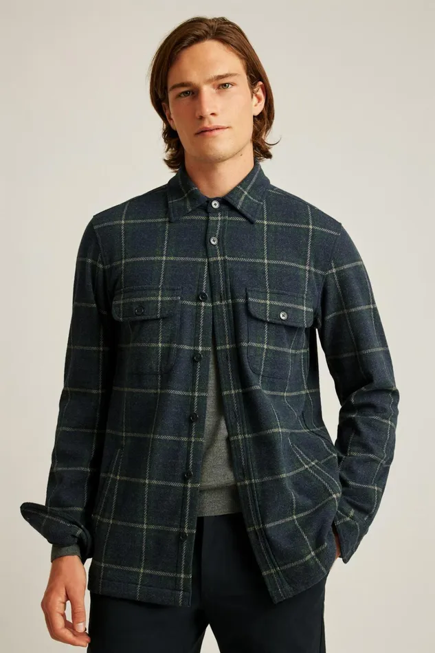 Men Flannels and Shirt Jackets Bonobos Fireside Flannel Overshirt Navy Bristol Plaid