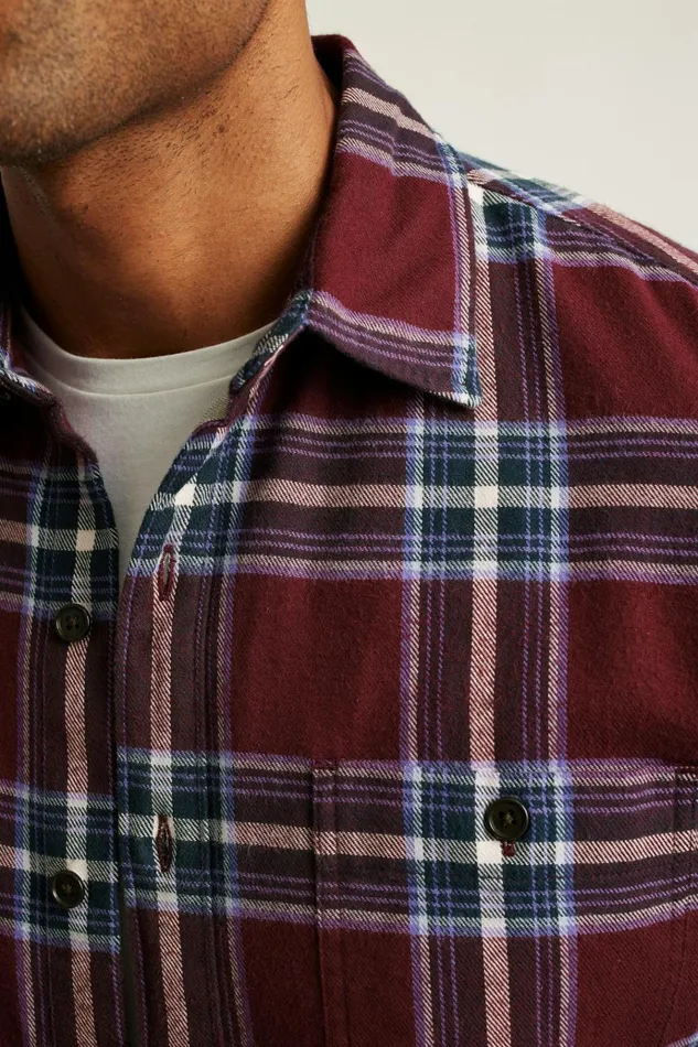 Men Flannels and Shirt Jackets Bonobos Fireside Flannel Shirt Burgundy Huxley Plaid