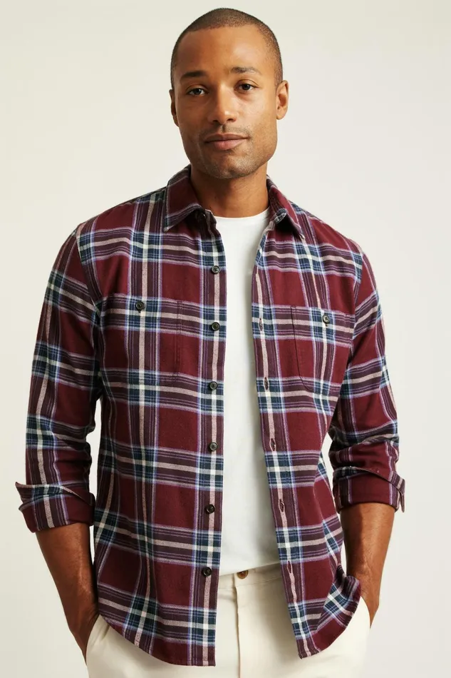 Men Flannels and Shirt Jackets Bonobos Fireside Flannel Shirt Burgundy Huxley Plaid