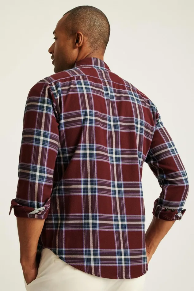 Men Flannels and Shirt Jackets Bonobos Fireside Flannel Shirt Burgundy Huxley Plaid