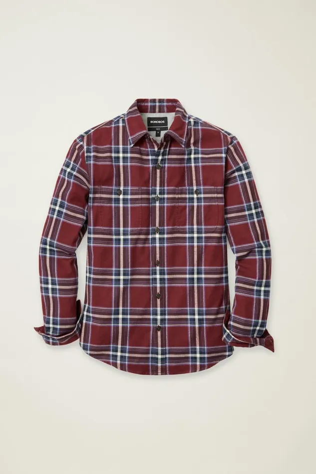 Men Flannels and Shirt Jackets Bonobos Fireside Flannel Shirt Burgundy Huxley Plaid