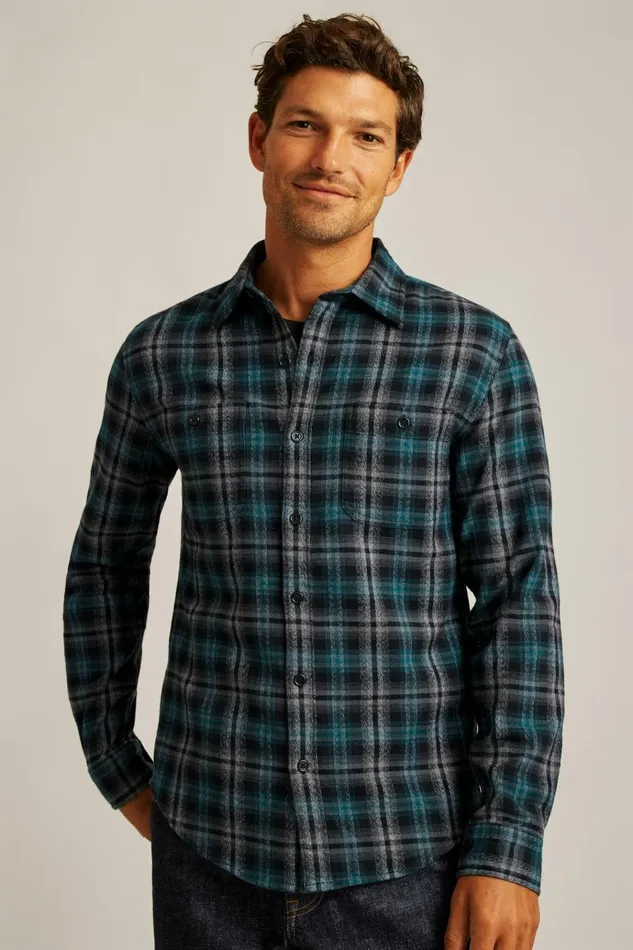 Men Flannels and Shirt Jackets Bonobos Fireside Flannel Shirt Charcoal Jade Plaid