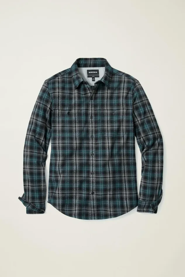 Men Flannels and Shirt Jackets Bonobos Fireside Flannel Shirt Charcoal Jade Plaid