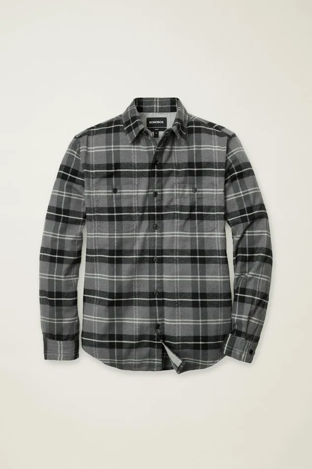 Men Flannels and Shirt Jackets Bonobos Fireside Flannel Shirt Grey Billings Plaid