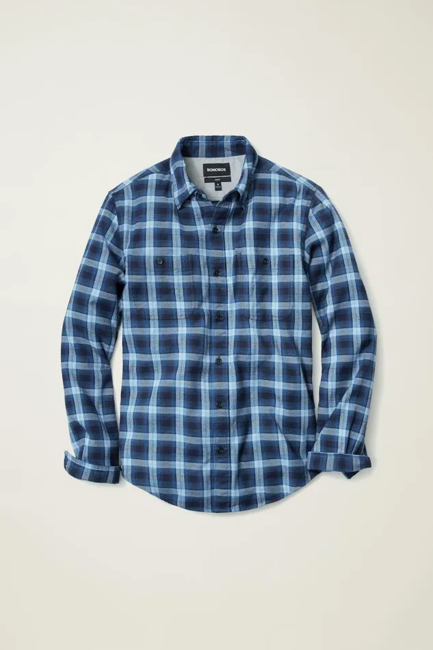 Men Flannels and Shirt Jackets Bonobos Fireside Flannel Shirt Navy Blue Plaid