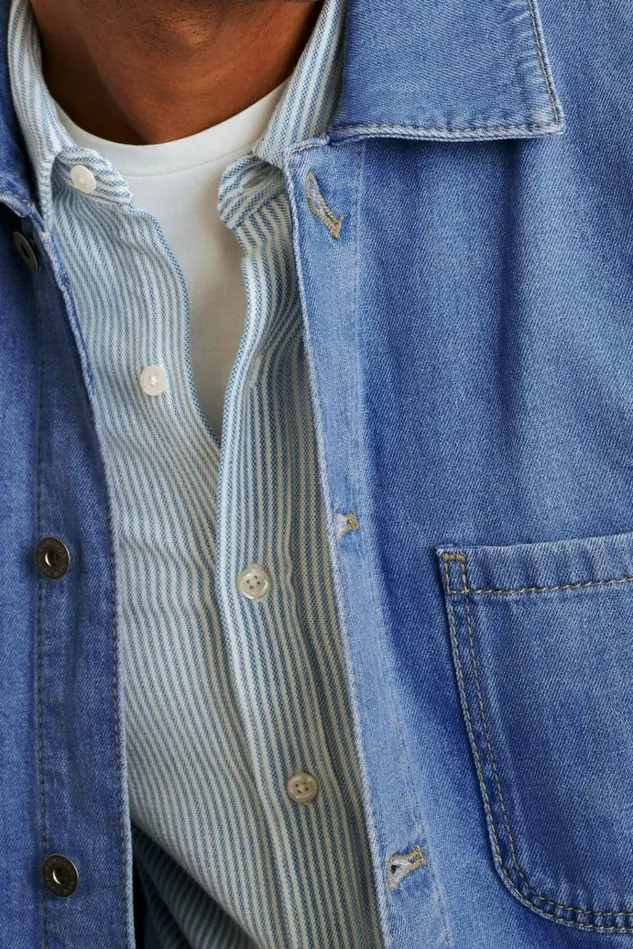 Men Flannels and Shirt Jackets Bonobos Hemp Denim Overshirt Tide Wash Blue