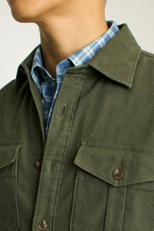Men Flannels and Shirt Jackets Bonobos Moleskin Overshirt Heather Olive Green