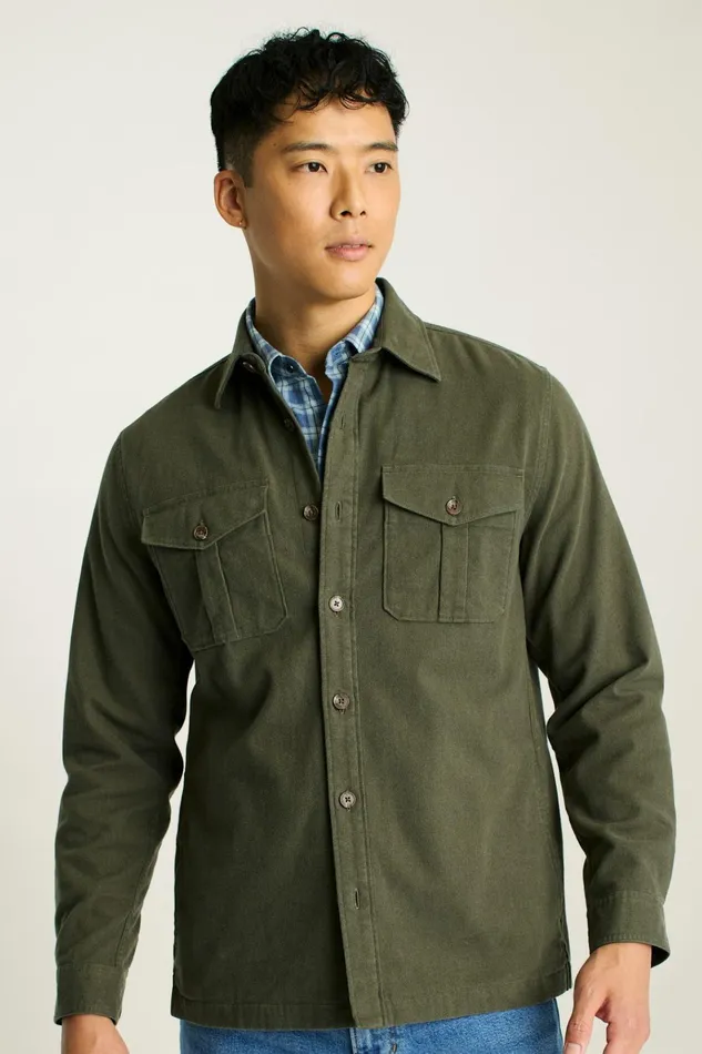 Men Flannels and Shirt Jackets Bonobos Moleskin Overshirt Heather Olive Green