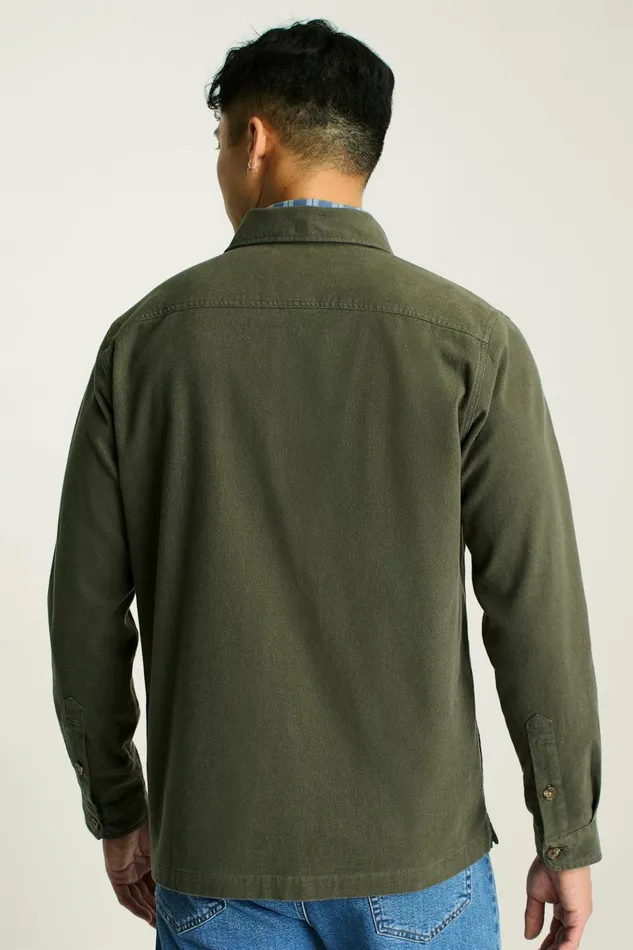 Men Flannels and Shirt Jackets Bonobos Moleskin Overshirt Heather Olive Green