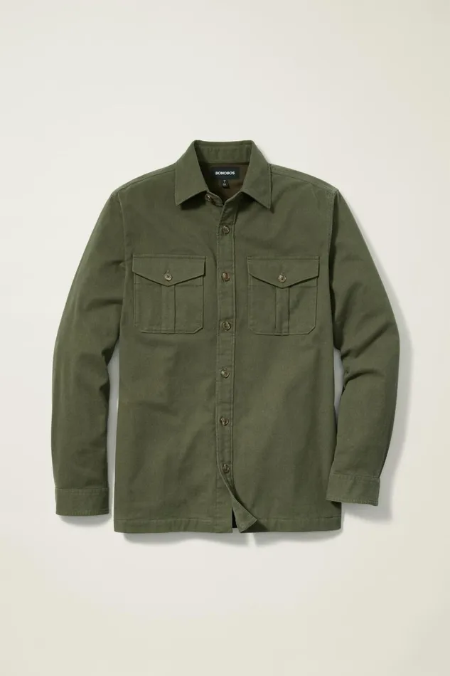 Men Flannels and Shirt Jackets Bonobos Moleskin Overshirt Heather Olive Green