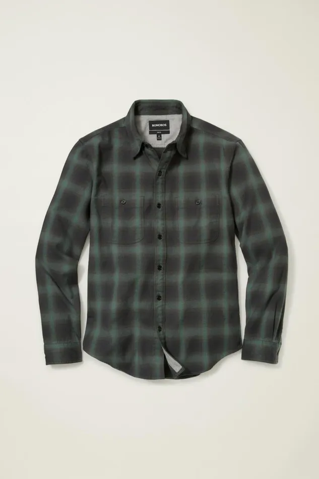 Men Flannels and Shirt Jackets Bonobos Stretch Flannel Shirt Green Black Plaid