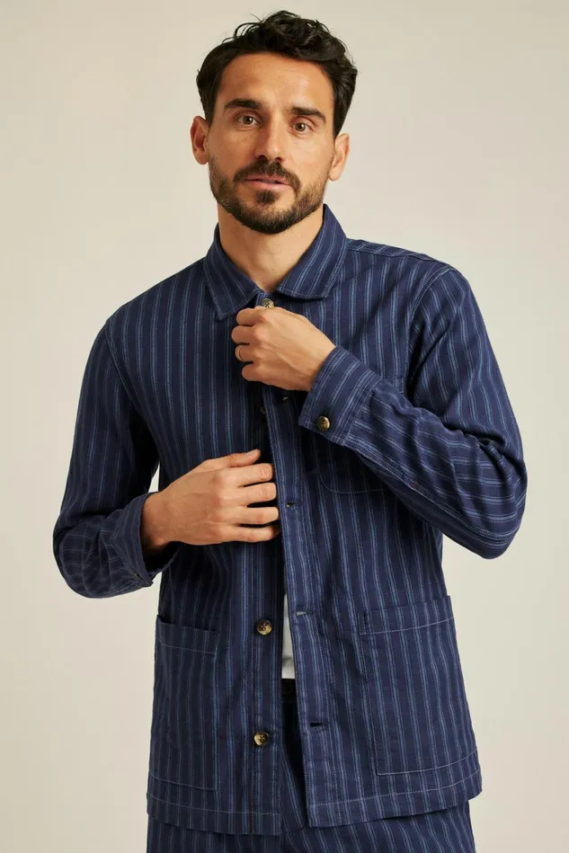 Men Flannels and Shirt Jackets Bonobos Stretch Linen Cotton Overshirt Navy Stripe