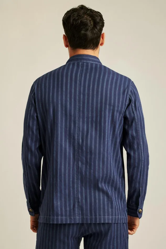 Men Flannels and Shirt Jackets Bonobos Stretch Linen Cotton Overshirt Navy Stripe