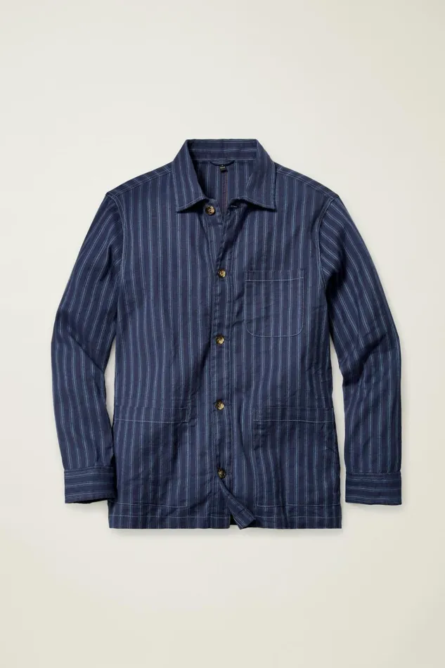 Men Flannels and Shirt Jackets Bonobos Stretch Linen Cotton Overshirt Navy Stripe