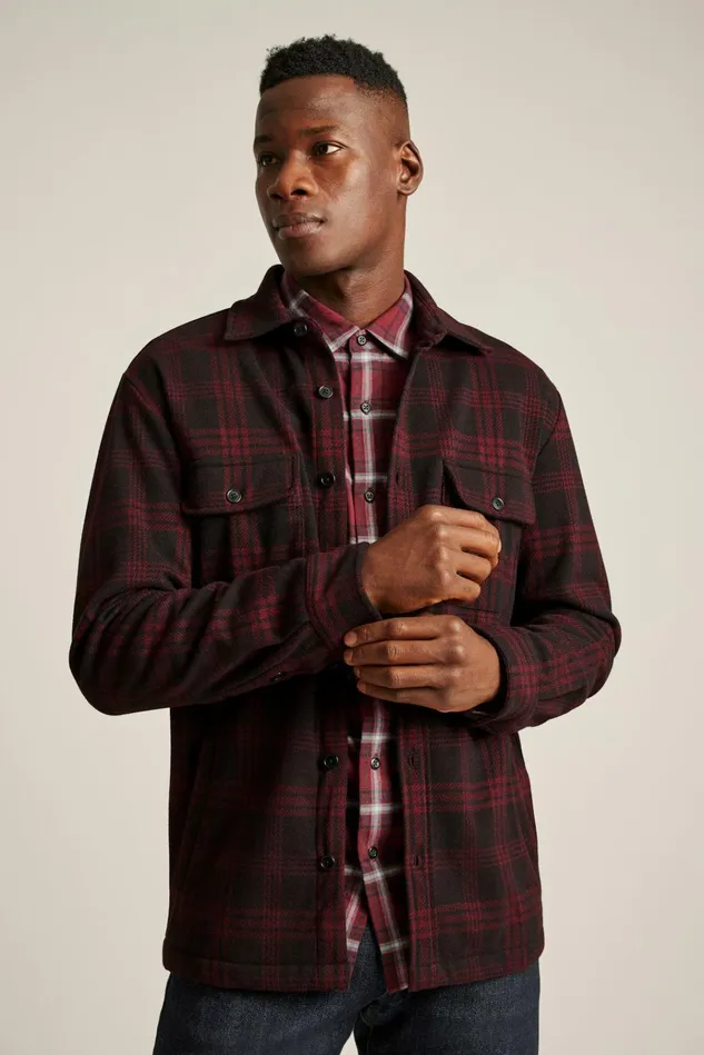Men Flannels and Shirt Jackets Bonobos Sweater Overshirt Black Red Plaid