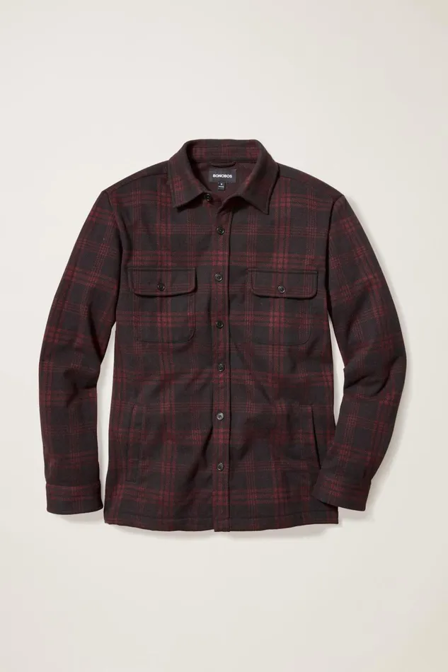 Men Flannels and Shirt Jackets Bonobos Sweater Overshirt Black Red Plaid