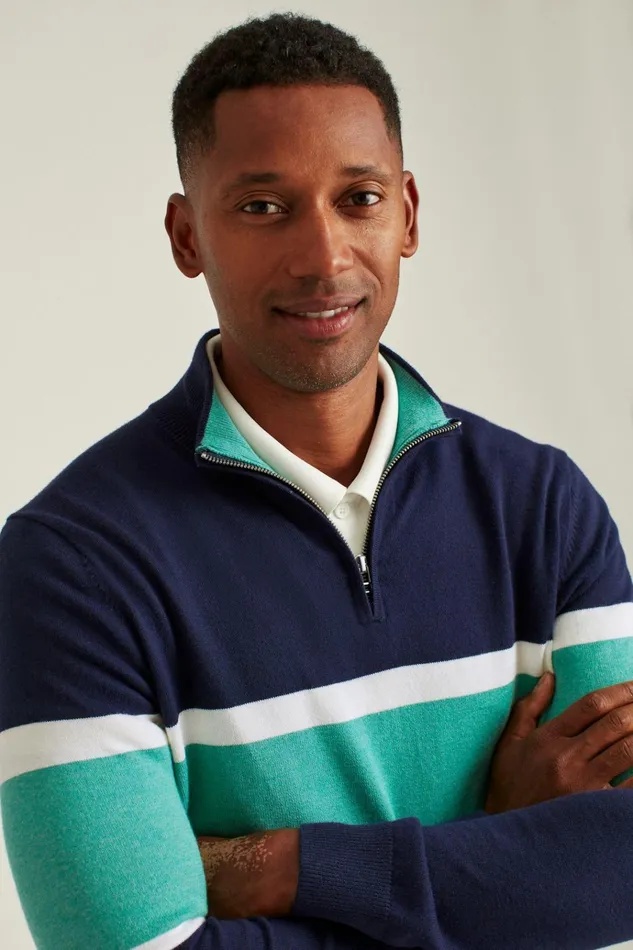 Men Golf Outerwear and Layering Bonobos Soft Air Golf HalfZip Navy With Mint Stripe