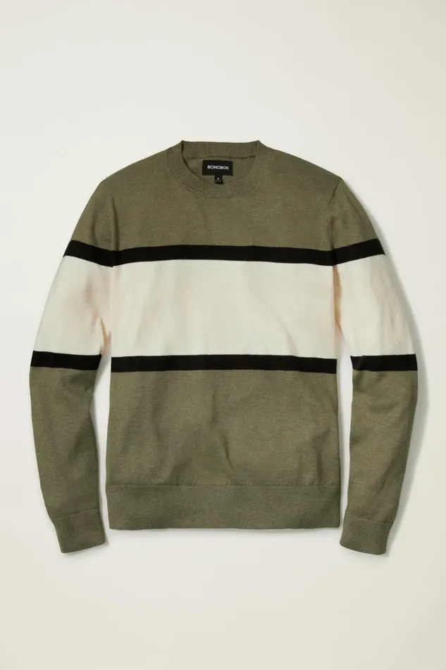 Men Golf Outerwear and Layering Bonobos Soft Air Golf Sweater Green Chest Stripe