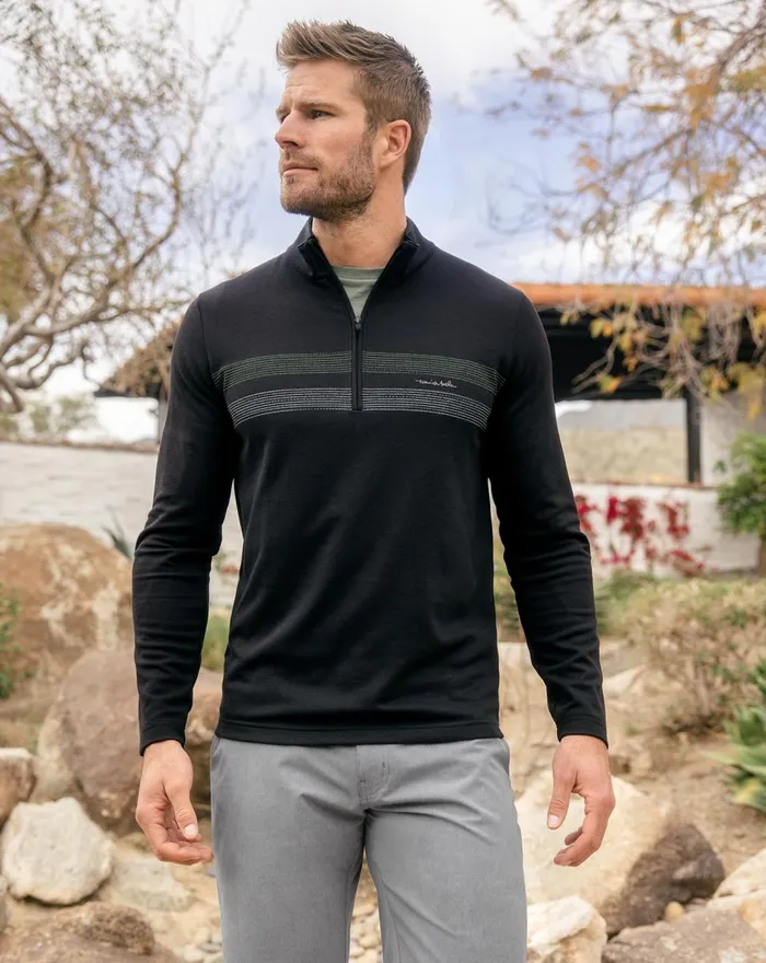 Men Hoodies and Sweatshirts TravisMathew UPGRADED STRIPED QUARTER ZIP Black Chest Stripe
