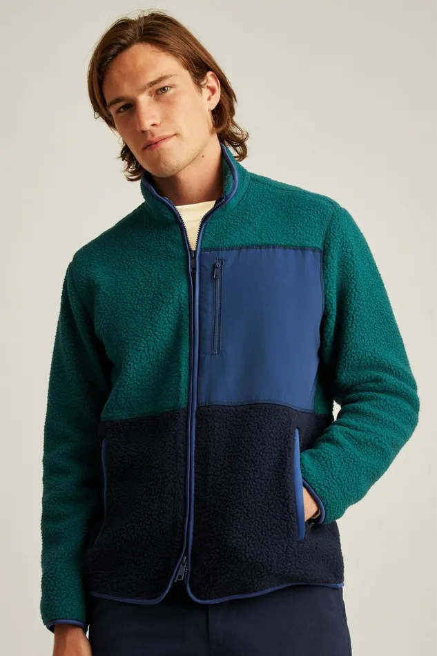 Men Jackets and Coats Bonobos High Pile Fleece Jacket Deep Teal Color Block