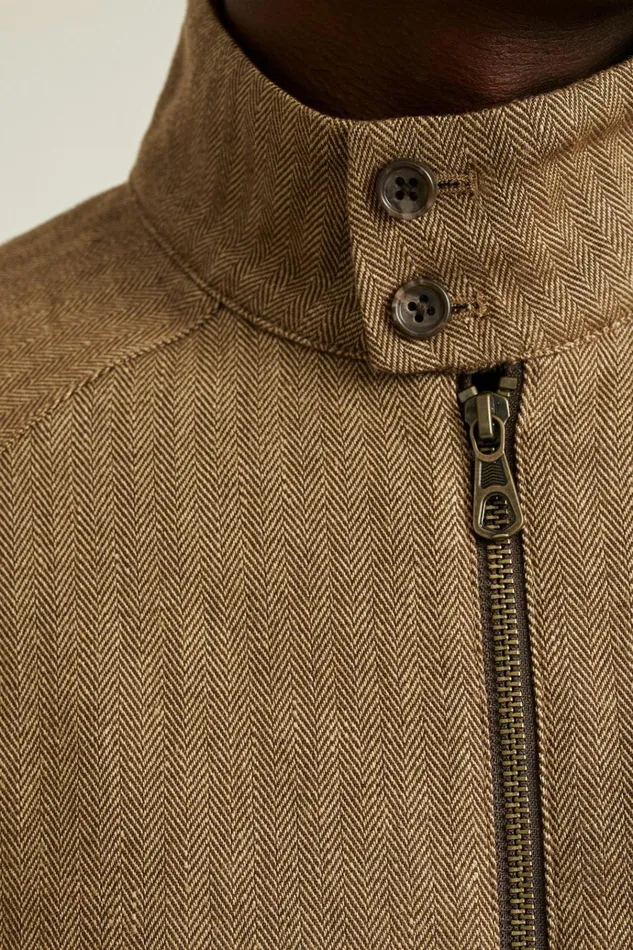 Men Jackets and Coats Bonobos Linen Harrington Jacket Light Brown Herringbone