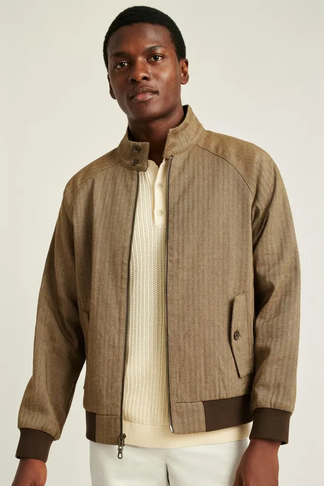 Men Jackets and Coats Bonobos Linen Harrington Jacket Light Brown Herringbone