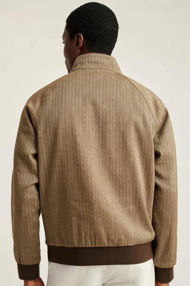 Men Jackets and Coats Bonobos Linen Harrington Jacket Light Brown Herringbone