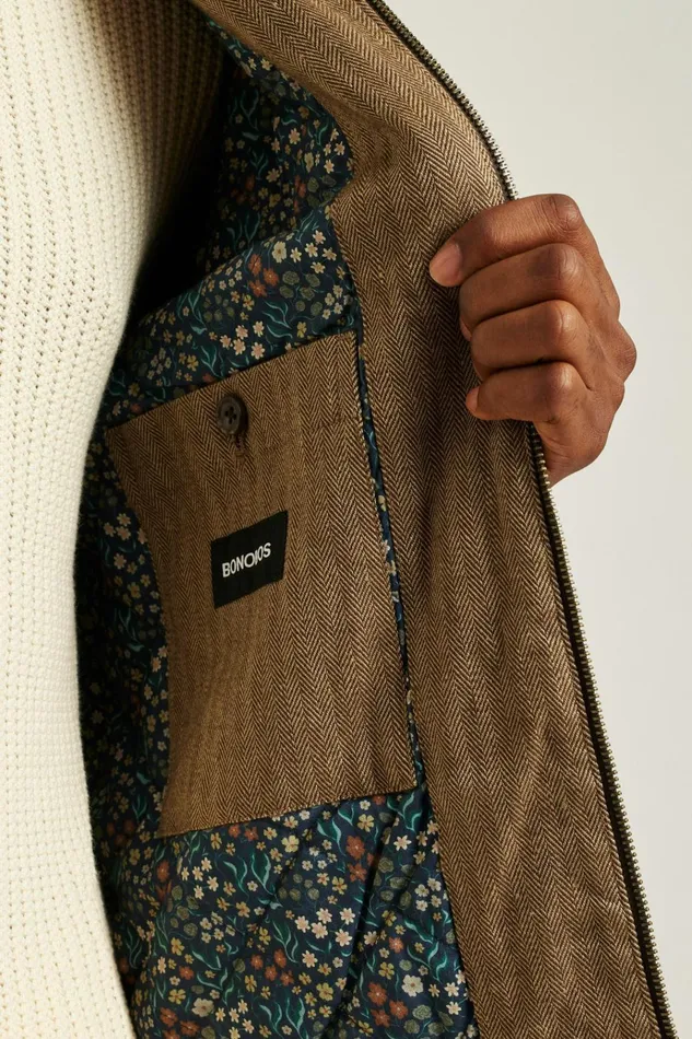 Men Jackets and Coats Bonobos Linen Harrington Jacket Light Brown Herringbone