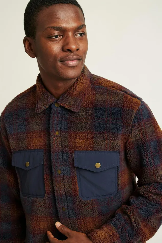 Men Jackets and Coats Bonobos Teddy Fleece Jacket Burgundy Navy Plaid