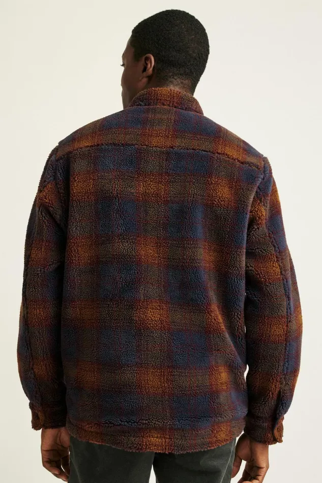 Men Jackets and Coats Bonobos Teddy Fleece Jacket Burgundy Navy Plaid