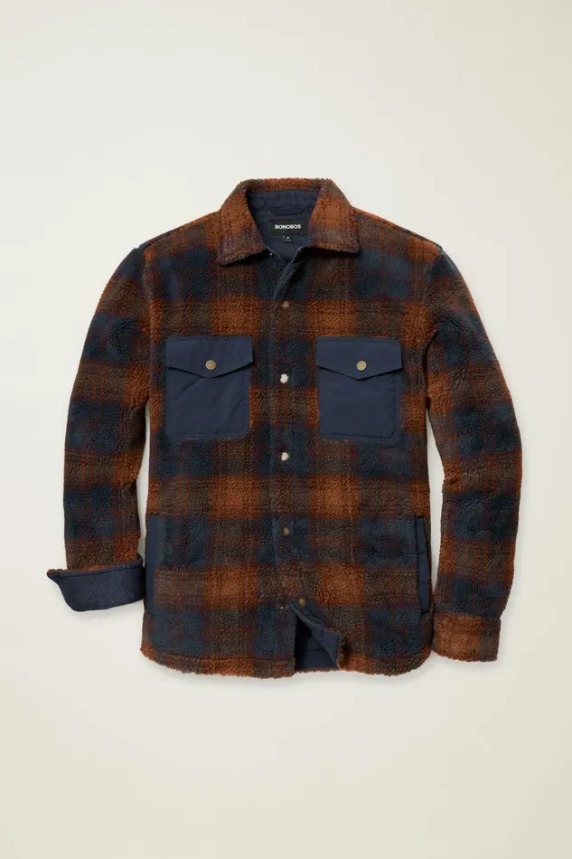 Men Jackets and Coats Bonobos Teddy Fleece Jacket Burgundy Navy Plaid