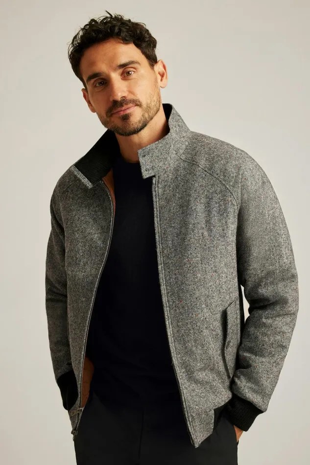 Men Jackets and Coats Bonobos The Italian Wool Harrington Jacket Charcoal Donegal Tweed