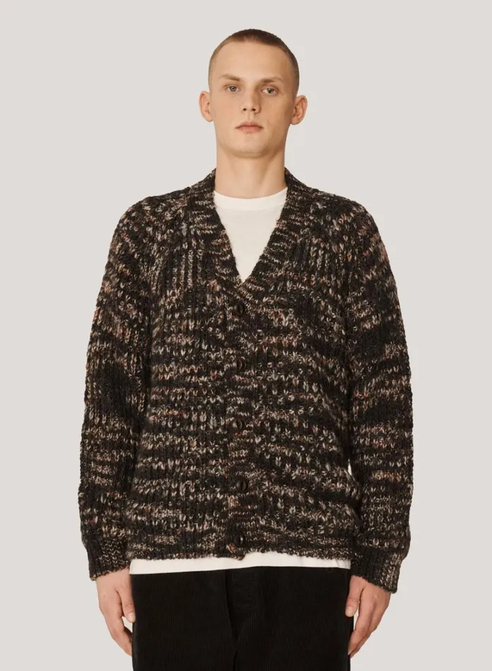 Mens Knitwear YMC Kurt Space Dyed Cardigan Black Multi